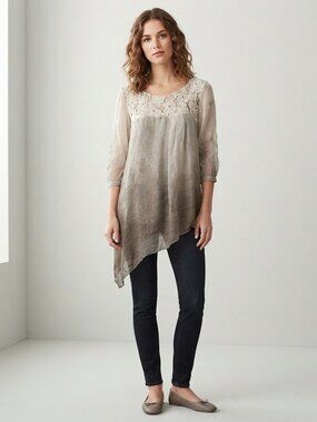 H Trend Italy 100% Silk Lace Ombre Asymmetric Blouse S Beige